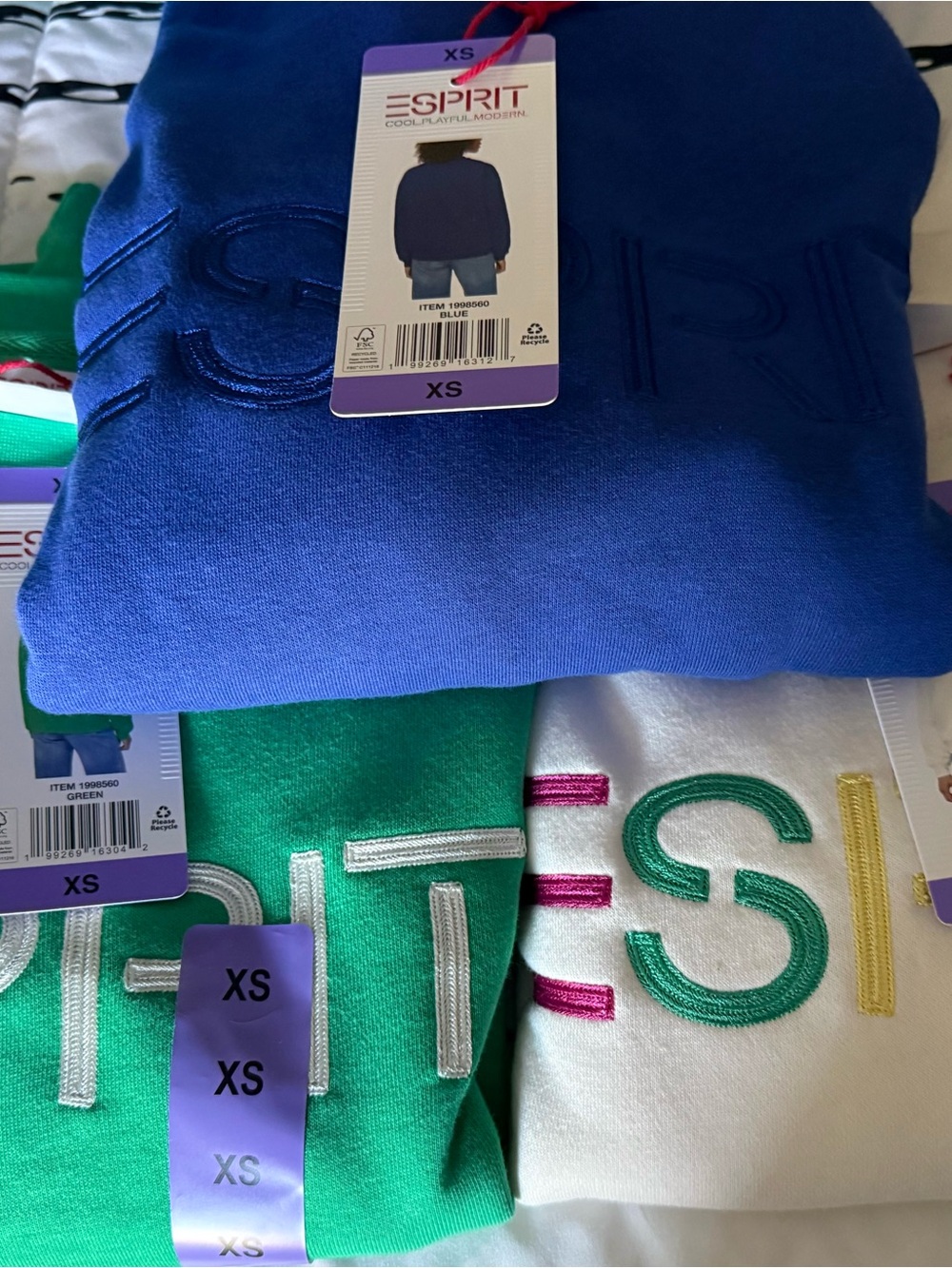 Esprit Pack of 3 Embroidered Crewneck Sweatshirts in Blue, Green & White